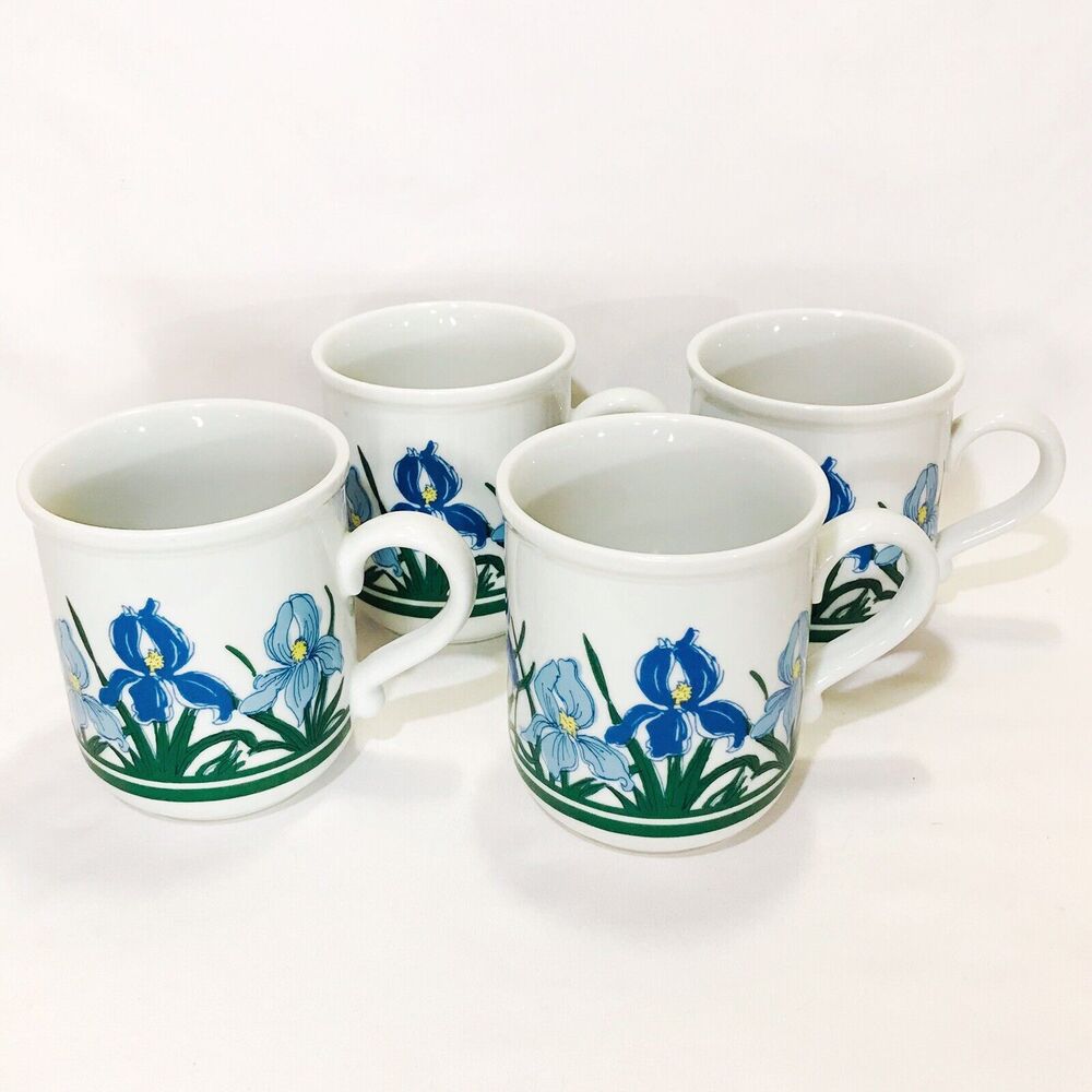 Set Of 4 Down East Crafts Floral Blue Iris Mugs Yarmouth Maine Made In Japan